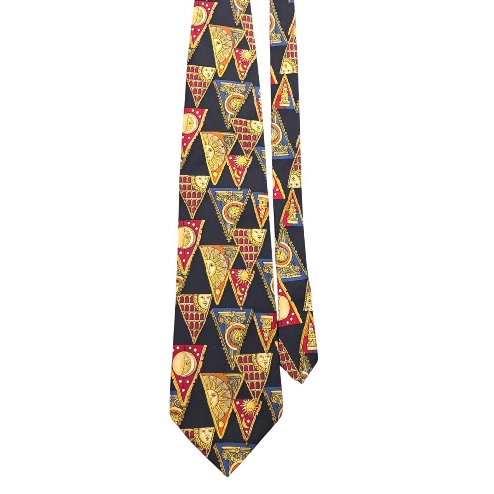 Structure Necktie Black Silk Celestial Sun Moon Whimsigoth Maximalist Art Deco